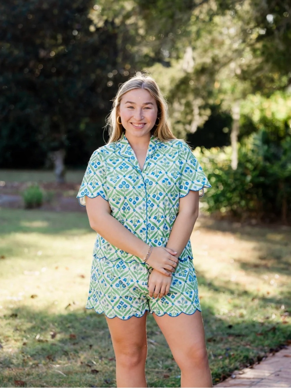 NWT! Boutique Scallop-Trim Cotton Poplin Block Print Pajama Set - Green and Blue